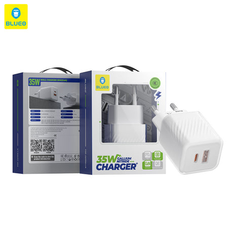 Incarcator Blueo Dual Port, 1x USB, 1x Type-C, GaN Technology, Fast Charge, Elegant Finish, PD3.0, 35W, Alb