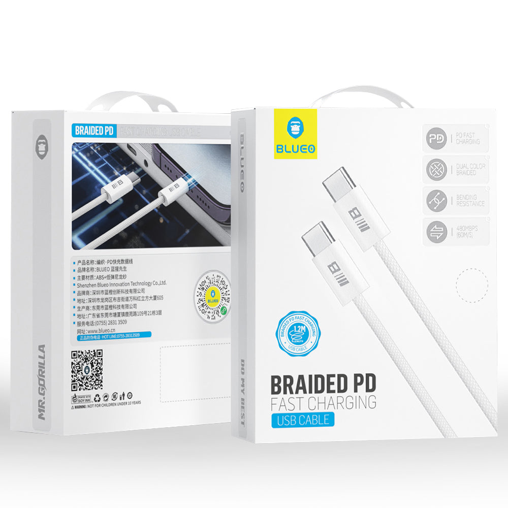 Cablu Blueo Data Cable, Type-C to Type-C, Fast Charging, Braided, 1.2m, Alb