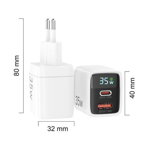Incarcator Techsuit LEDChargX (CH3), Type-C, USB, GaN Technology, Fast Charge, LED Display, PD35W, Alb