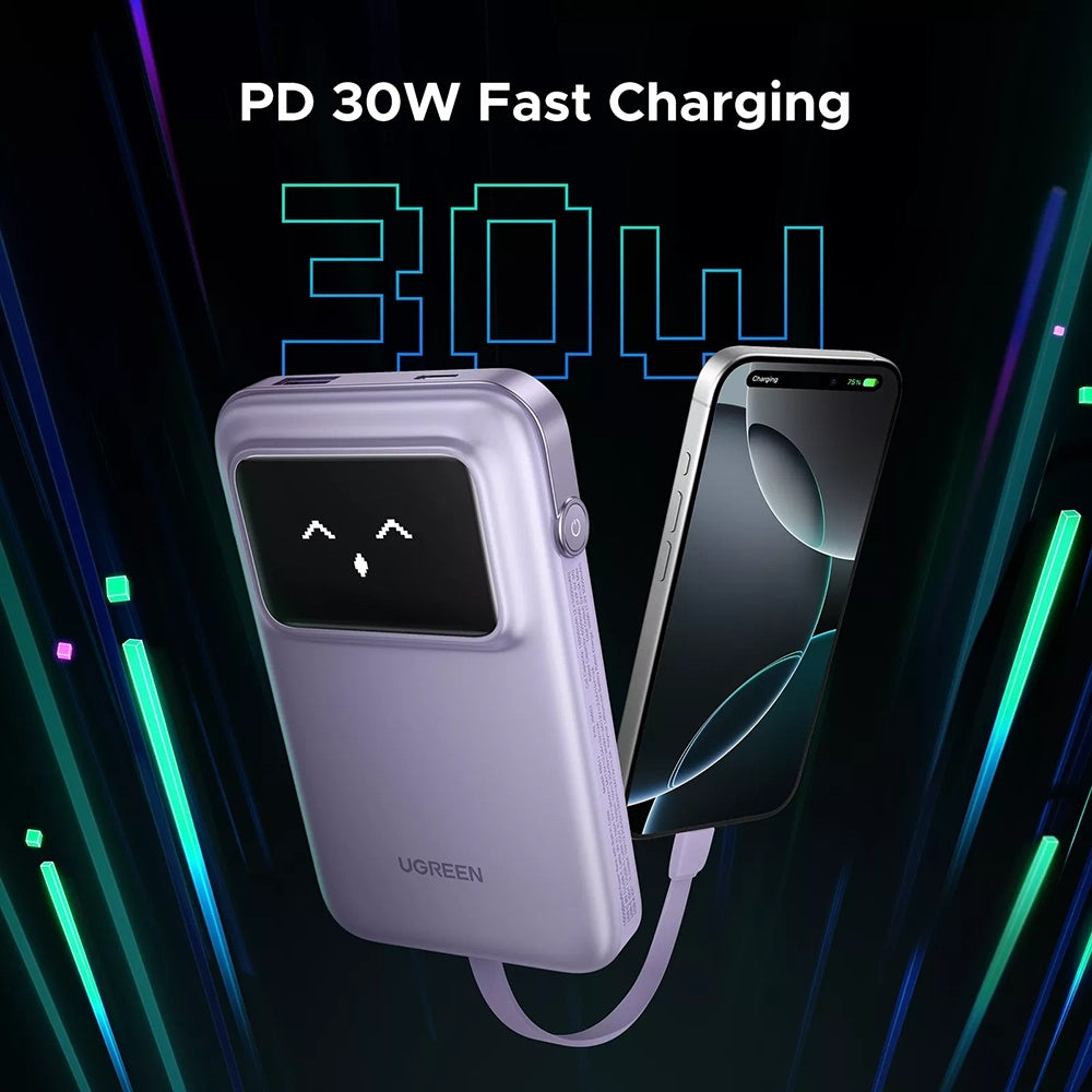 Baterie externa Ugreen PB511 (35604B), USB, Type-C with Built-in Cable, 10000mAh, 30W, Mov