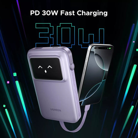 Baterie externa Ugreen PB511 (35604B), USB, Type-C with Built-in Cable, 10000mAh, 30W, Mov