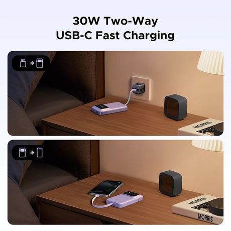Baterie externa Ugreen PB511 (35604B), USB, Type-C with Built-in Cable, 10000mAh, 30W, Mov