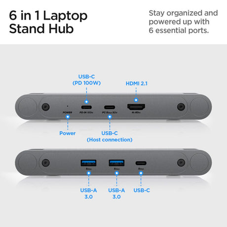 Suport Spigen Laptop LD204H (AMP08885), with Built-in Hub 2x USB, 3x Type-C, HDMI, 360° Rotation, Adjustable, Secure Grip, Argintiu