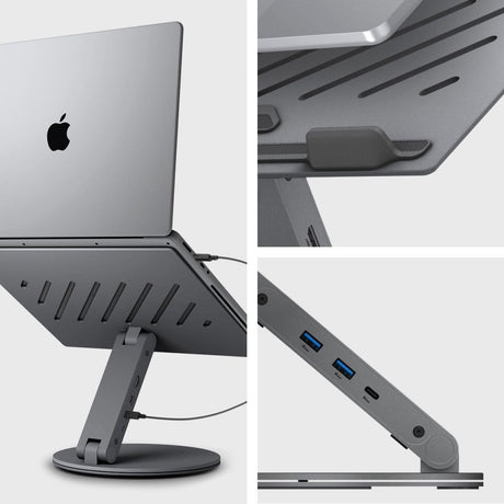 Suport Spigen Laptop LD204H (AMP08885), with Built-in Hub 2x USB, 3x Type-C, HDMI, 360° Rotation, Adjustable, Secure Grip, Argintiu