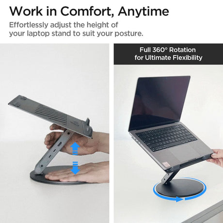 Suport Spigen Laptop LD204H (AMP08885), with Built-in Hub 2x USB, 3x Type-C, HDMI, 360° Rotation, Adjustable, Secure Grip, Argintiu