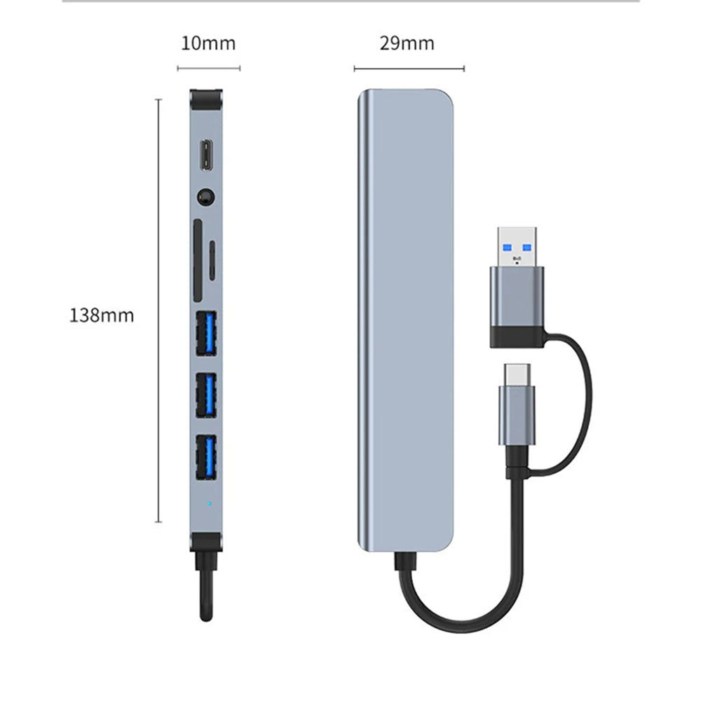 Hub/Dock Techsuit Docking Station DataBridge 8 in 1 (H9), USB, Type-C to 4x USB, Type-C, 3.5mm Jack, TF/SD Card, Gri