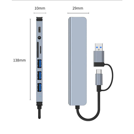 Hub/Dock Techsuit Docking Station DataBridge 8 in 1 (H9), USB, Type-C to 4x USB, Type-C, 3.5mm Jack, TF/SD Card, Gri