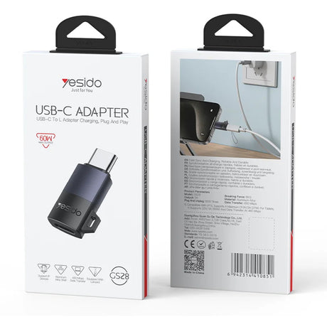 Adaptor Yesido OTG Adapter (GS28), Lightning to Type-C, 60W, Fast Charging, 480Mpb/s, Aluminum Alloy, Plug&Play, Gri