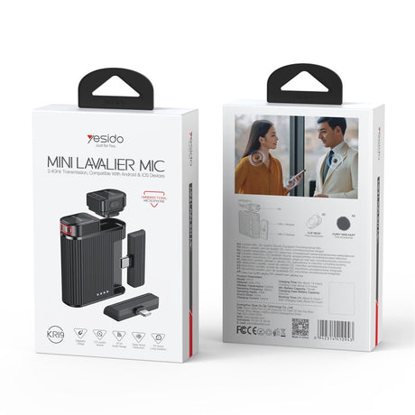 Casti Yesido Lavalier Microphone 2in1 (KR19), Magnetic Button, CD-Quality Audio, 360° Omnidirectional, 600mAh, 2.4GHz, Negru
