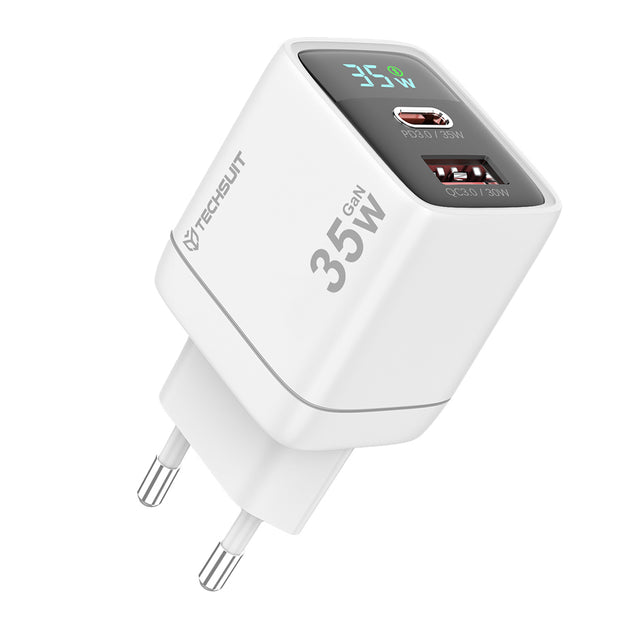 Incarcator Techsuit LEDChargX (CH3), Type-C, USB, GaN Technology, Fast Charge, LED Display, PD35W, Alb