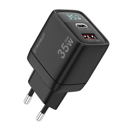 Incarcator Techsuit LEDChargX (CH3), Type-C, USB, GaN Technology, Fast Charge, LED Display, PD35W, Negru
