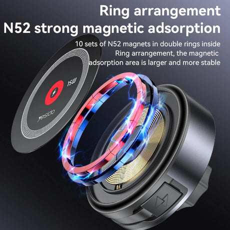 Suport Yesido with Wireless Charging (C314), for Dashboard, with Retractable Cable, Type-C, N52 Magnets, 15W, Negru