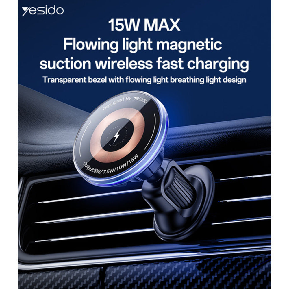 Suport Yesido with Wireless Charging (C308), for Air Vent, Flowing Light, Multi Folding Clamp Arm, Type-C, 15W, Negru