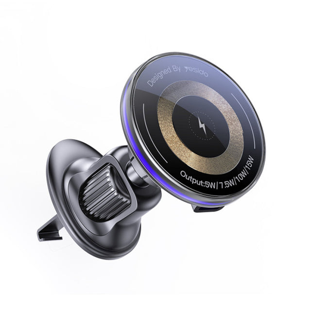 Suport Yesido with Wireless Charging (C308), for Air Vent, Flowing Light, Multi Folding Clamp Arm, Type-C, 15W, Negru