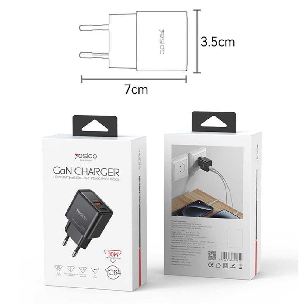 Incarcator Yesido (YC64), Dual Port Type-C + USB-A, Fast Charging, GaN Technology, PD30W, Negru