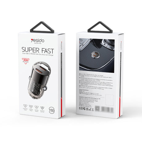 Incarcator Yesido Mini Car (Y69), Dual-Port Type-C, PD30W, Aluminum Alloy, Fast Charging, Negru