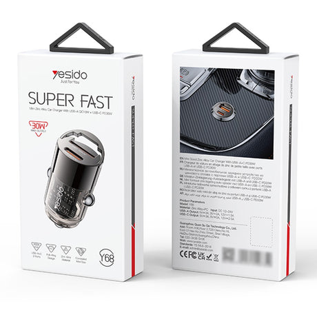 Incarcator Yesido Hidden Car (Y68), Dual-Port USB-A + Type-C, PD30W, Aluminum Alloy, Fast Charging, Negru