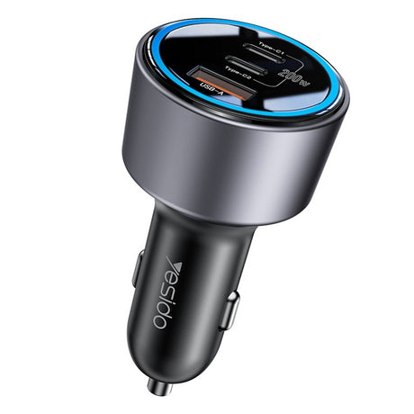 Incarcator Yesido Car (Y59), 2x Type-C, USB-A, 200W, Fast Charging, Multi Protection, Built-in Colorful Light, Negru