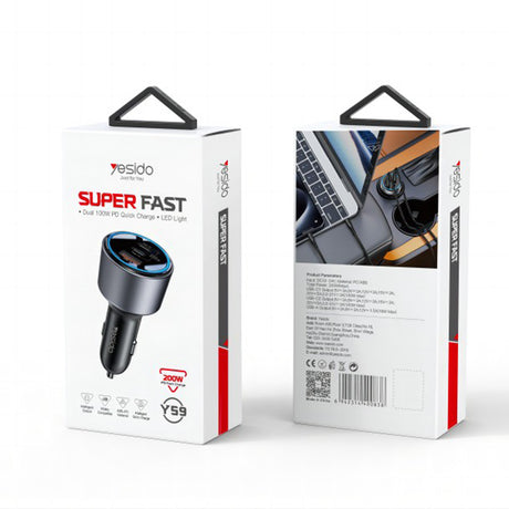 Incarcator Yesido Car (Y59), 2x Type-C, USB-A, 200W, Fast Charging, Multi Protection, Built-in Colorful Light, Negru