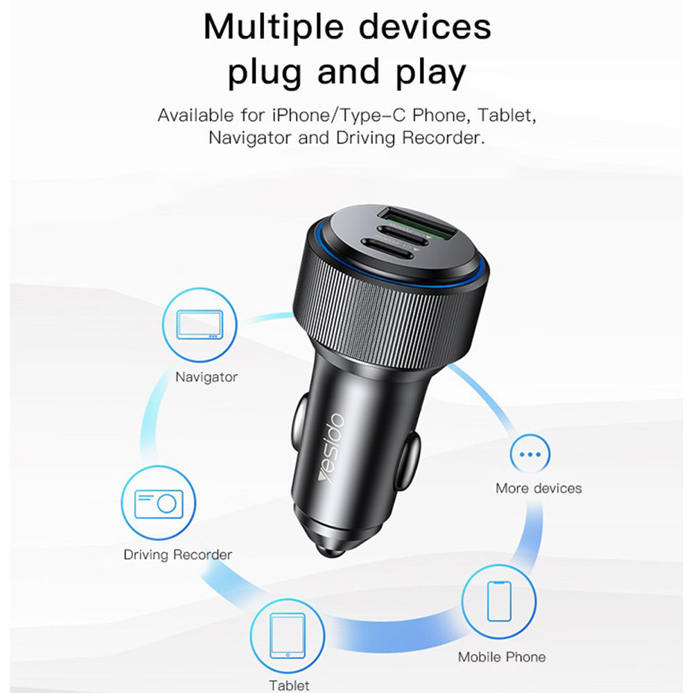 Incarcator Yesido Car (Y50), 2x Type-C, USB, Fast Charging, 60W, LED Lamp Ring, Intelligent Temperature Control Chip, Negru