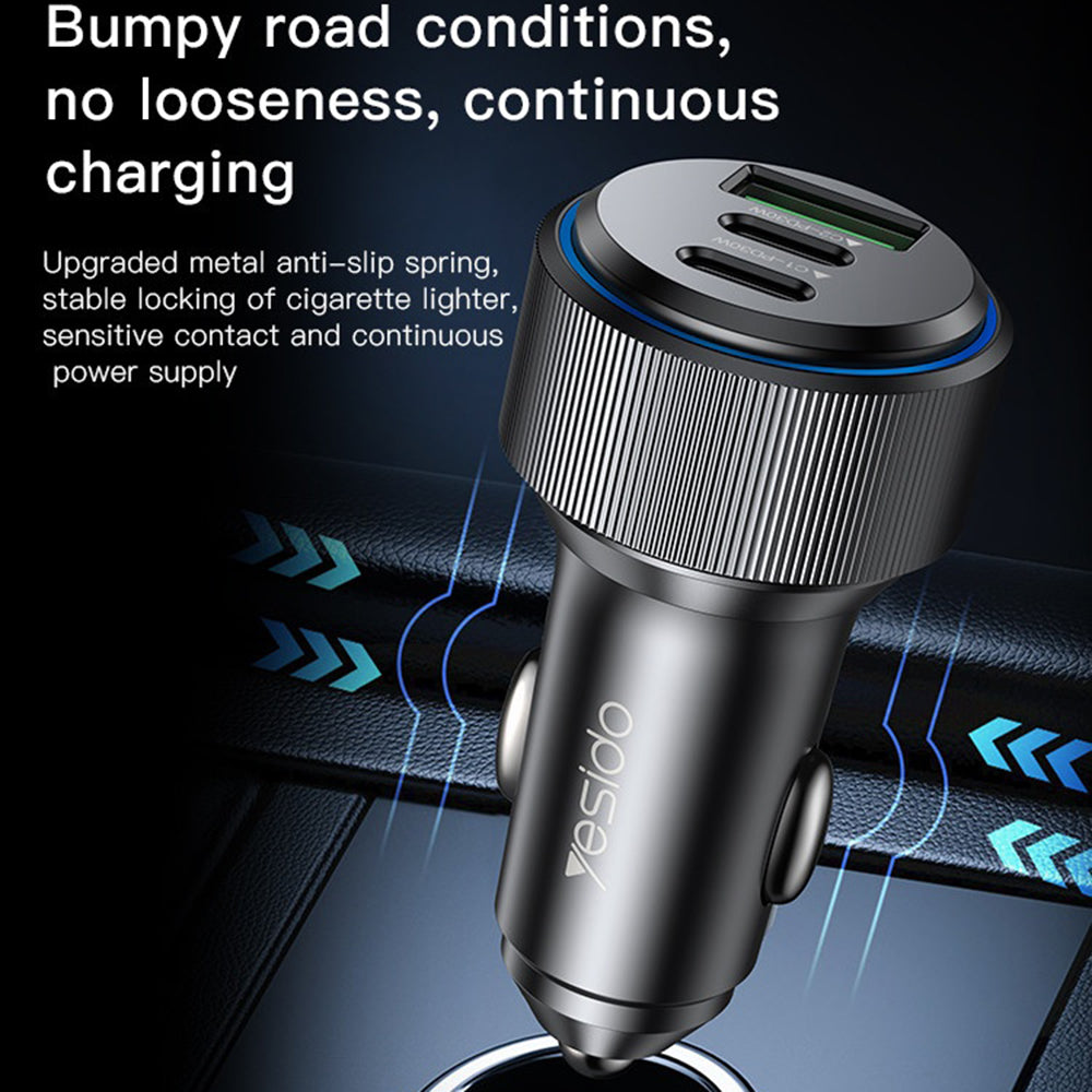 Incarcator Yesido Car (Y50), 2x Type-C, USB, Fast Charging, 60W, LED Lamp Ring, Intelligent Temperature Control Chip, Negru