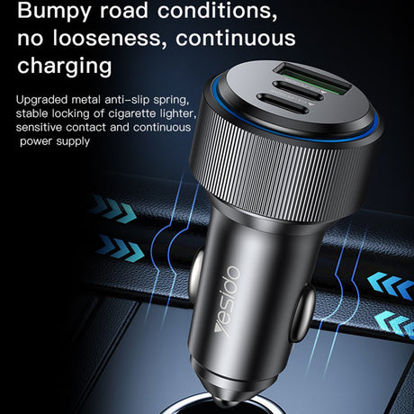 Incarcator Yesido Car (Y50), 2x Type-C, USB, Fast Charging, 60W, LED Lamp Ring, Intelligent Temperature Control Chip, Negru
