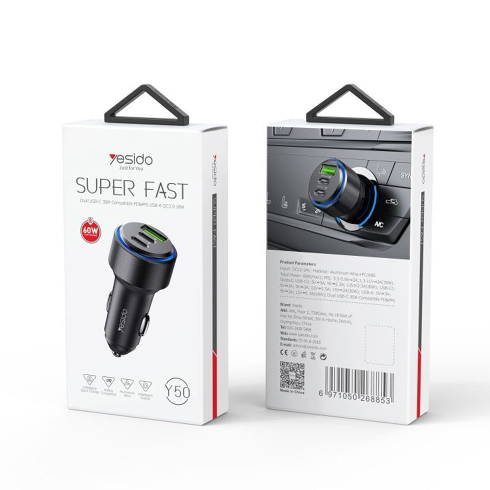 Incarcator Yesido Car (Y50), 2x Type-C, USB, Fast Charging, 60W, LED Lamp Ring, Intelligent Temperature Control Chip, Negru