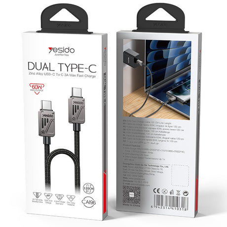 Cablu Yesido (CA196), Type-C to Type-C, Fast Charging, 480Mbps, PD60W, CarPlay Compatible, Zinc Alloy, 1.2m, Negru