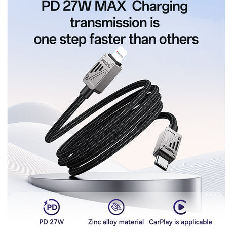 Cablu Yesido (CA195), Type-C to Lightning, Fast Charging, PD27W, CarPlay Compatible, Zinc Alloy, 1.2m, Negru