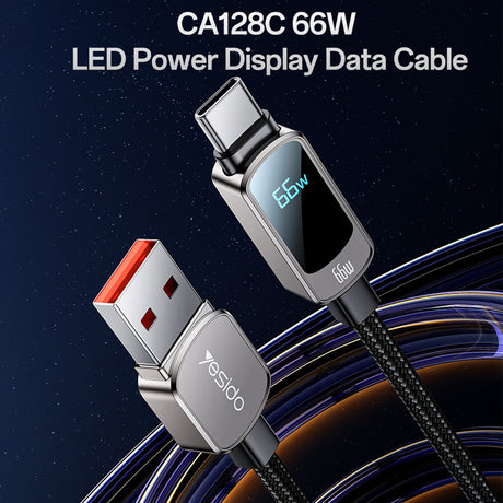 Cablu Yesido (CA128C), with LED Power Display, USB to Type-C, Fast Charge, 66W, 5A, 480Mbps, 1.2m, Negru