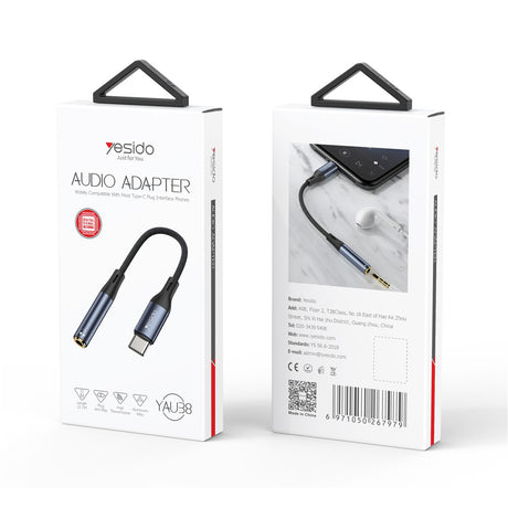 Adaptor Yesido Audio Cable Adapter (YAU38), Type-C to Jack 3.5mm, Nylon, Aluminum Alloy, 15cm, Negru