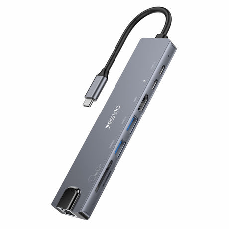 Hub/Dock Yesido Docking Station 8in1 (HB27), Type-C to 2x USB, 2x USB-C, HDMI, RJ45, TF/SD, PD100W, Fast Charge, 4K@30Hz, Gri