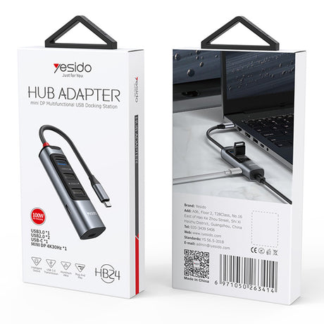 Hub/Dock Yesido Docking Station 5in1 (HB24), Type-C to 3x USB, USB-C, Mini DisplayPort, PD100W, Fast Charge, 4K@30Hz, 5Gbps, Gri