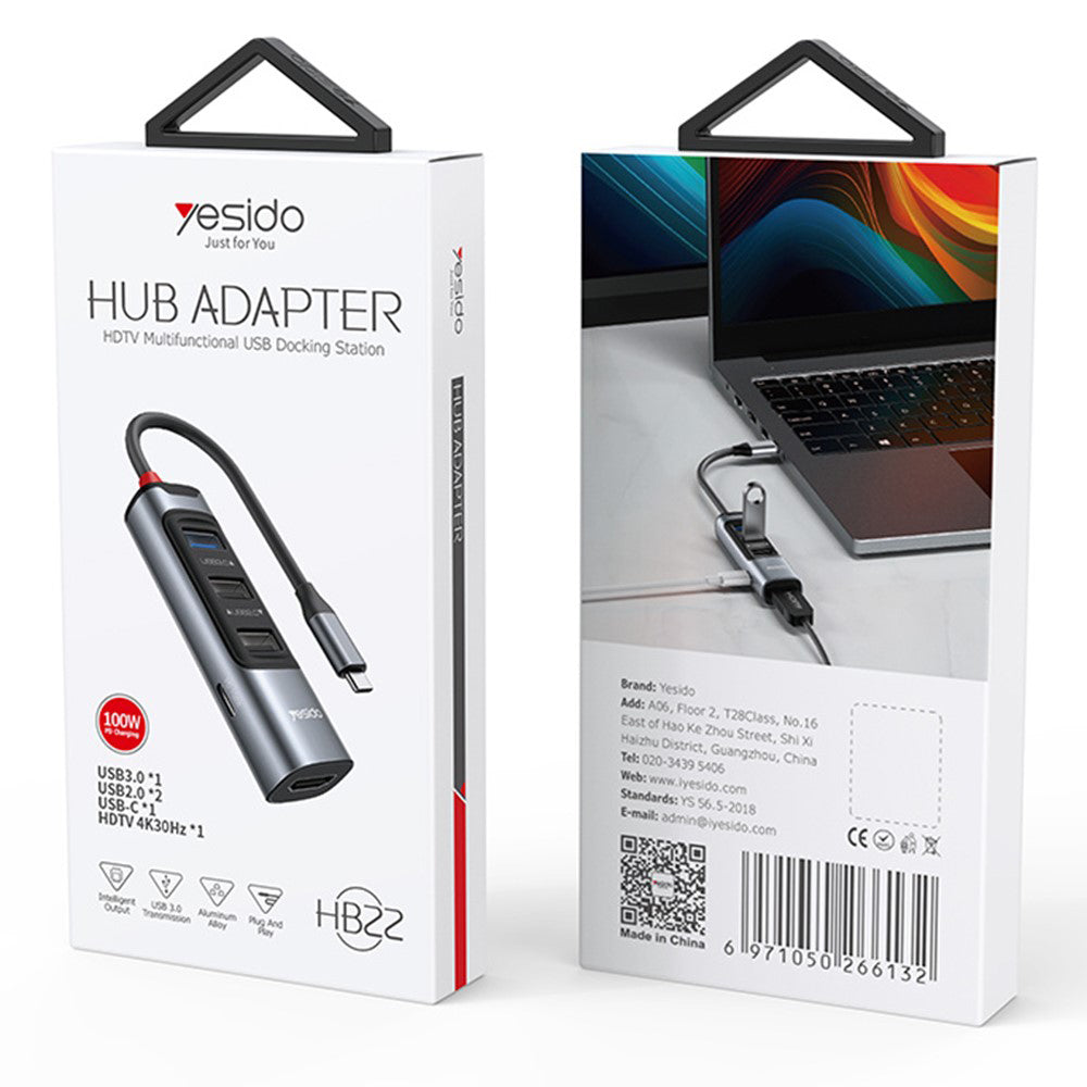 Hub/Dock Yesido Docking Station 5in1 (HB22), Type-C to 3x USB, USB-C, HDMI, PD100W, Fast Charge, 4K@30Hz, 5Gbps, Gri