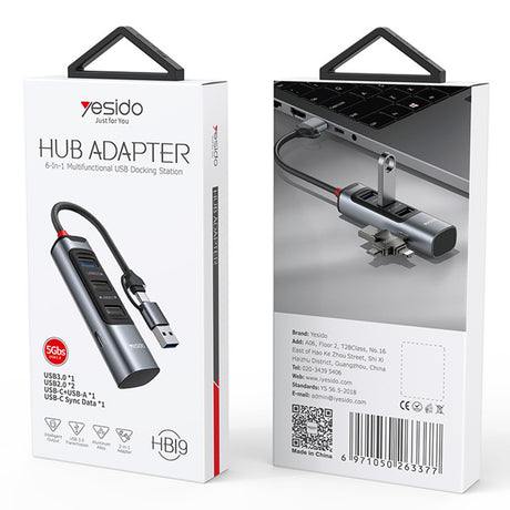 Hub Yesido (HB19), USB Type-C to 3x USB, 5Gbps, Gri