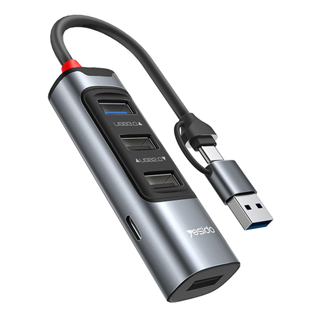 Hub/Dock Yesido Docking Station 5in1 (HB20), USB, Type-C to 4x USB, USB-C, PD100W, Fast Charge, Plug & Play, 5Gbps, Gri