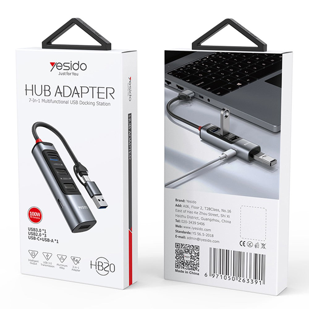 Hub/Dock Yesido Docking Station 5in1 (HB20), USB, Type-C to 4x USB, USB-C, PD100W, Fast Charge, Plug & Play, 5Gbps, Gri