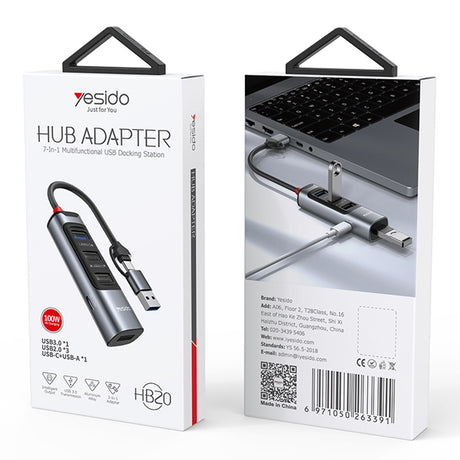 Hub/Dock Yesido Docking Station 5in1 (HB20), USB, Type-C to 4x USB, USB-C, PD100W, Fast Charge, Plug & Play, 5Gbps, Gri