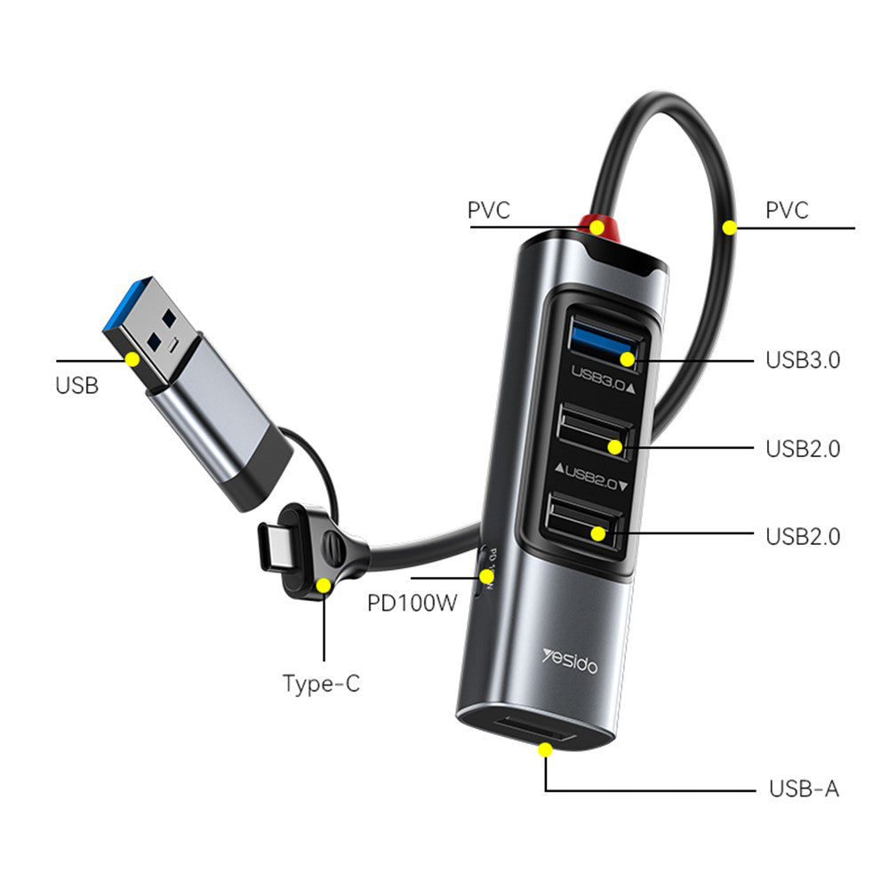 Hub/Dock Yesido Docking Station 5in1 (HB20), USB, Type-C to 4x USB, USB-C, PD100W, Fast Charge, Plug & Play, 5Gbps, Gri