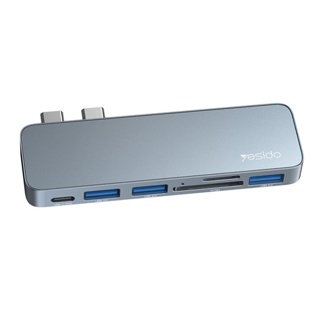 Hub/Dock Yesido Docking Station 6in1 (HB10), 2x Type-C to 3x USB, USB-C, SD/TF, 6in1 Splitter, Fast Charging, 96W, 5Gbps, Gri