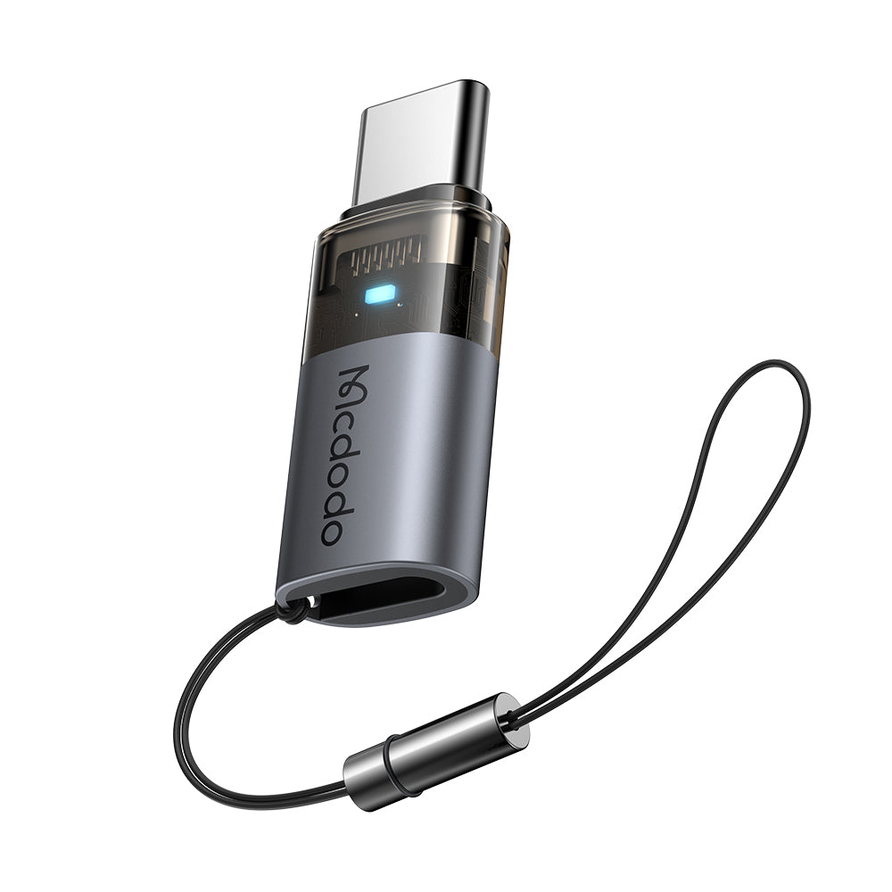 Adaptor Mcdodo OTG Adapter (OT-7610), Lightning to Type-C, Aluminium Alloy, Charging & Data Sync, 60W, Blue Light, Lanyard, Negru