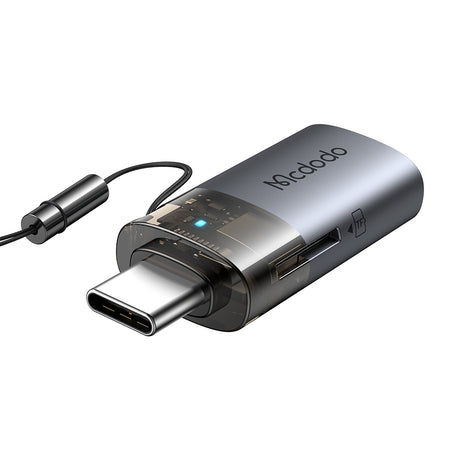Adaptor Mcdodo OTG Adapter 2in1 (OT-7600), USB to USB-C, Built-in Card Reader, Charging & Data, 5Gbps, Blue Light, Lanyard, Negru