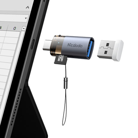 Adaptor Mcdodo OTG Adapter 2in1 (OT-7600), USB to USB-C, Built-in Card Reader, Charging & Data, 5Gbps, Blue Light, Lanyard, Negru