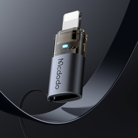 Adaptor Mcdodo OTG Adapter (OT-7630), USB-C to Lightning, Aluminium Alloy, Charging & Data Sync, 36W, Blue Light, Lanyard, Negru