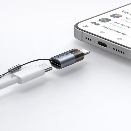Adaptor Mcdodo OTG Adapter (OT-7630), USB-C to Lightning, Aluminium Alloy, Charging & Data Sync, 36W, Blue Light, Lanyard, Negru