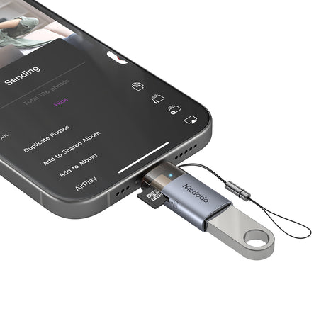 Adaptor Mcdodo OTG Adapter (OT-7850), USB to Lightning, with TF Card Reader, Fast Data Transfer, 480Mbps, LED, Lanyard, Negru