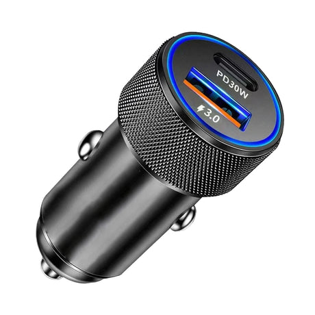 Incarcator Techsuit Premium Car VoltDuo (C2), with LED Light, USB QC 3.0, Type-C PD30W, 5V/3A, ABS, Metal, Negru
