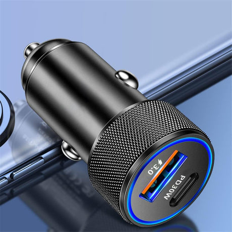 Incarcator Techsuit Premium Car VoltDuo (C2), with LED Light, USB QC 3.0, Type-C PD30W, 5V/3A, ABS, Metal, Negru