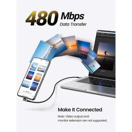 Cablu Ugreen US334 (70643), USB-C to USB-C 90 Degree Cable, Fast Charging 5A, 100W, 1m, Nylon, Gri Spatial