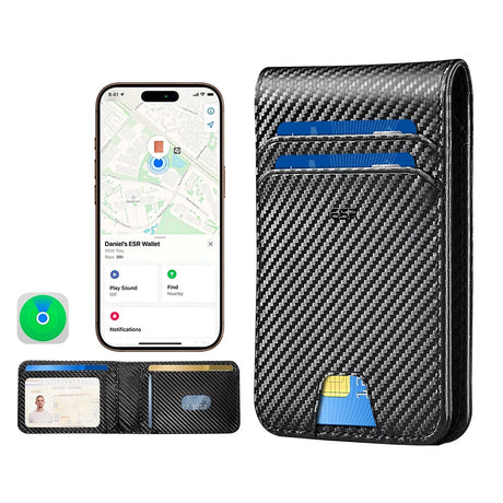 Suport ESR Classic Geo Card, Vegan Leather Wallet, for 11x Cards & Cash, Find My Function, RFID Blocking, Carbon Fiber